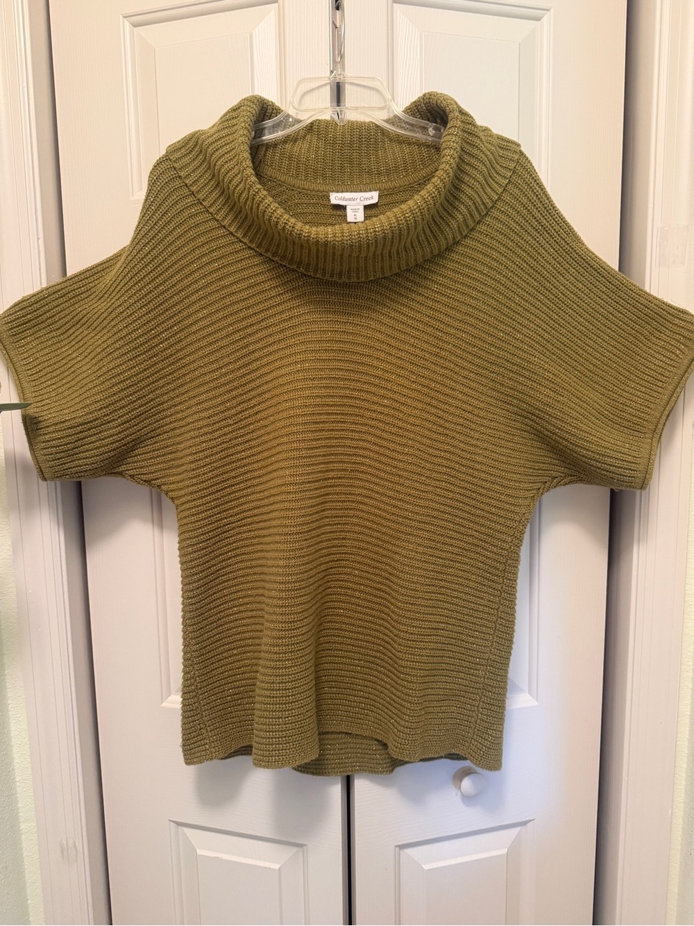 Coldwater Creek Y2K Olive Ribbed Cowl-Neck Short Sleeve Sweater